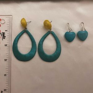 2 pairs or blue yellow drop earrings and blue stone heart earrings